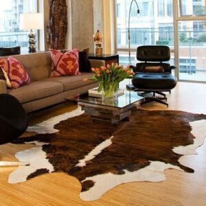 beautiful and elegent cowhide rug in the living room