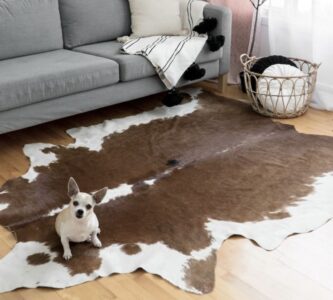 cowhide rug is pet friendly and animal stians are easily removable